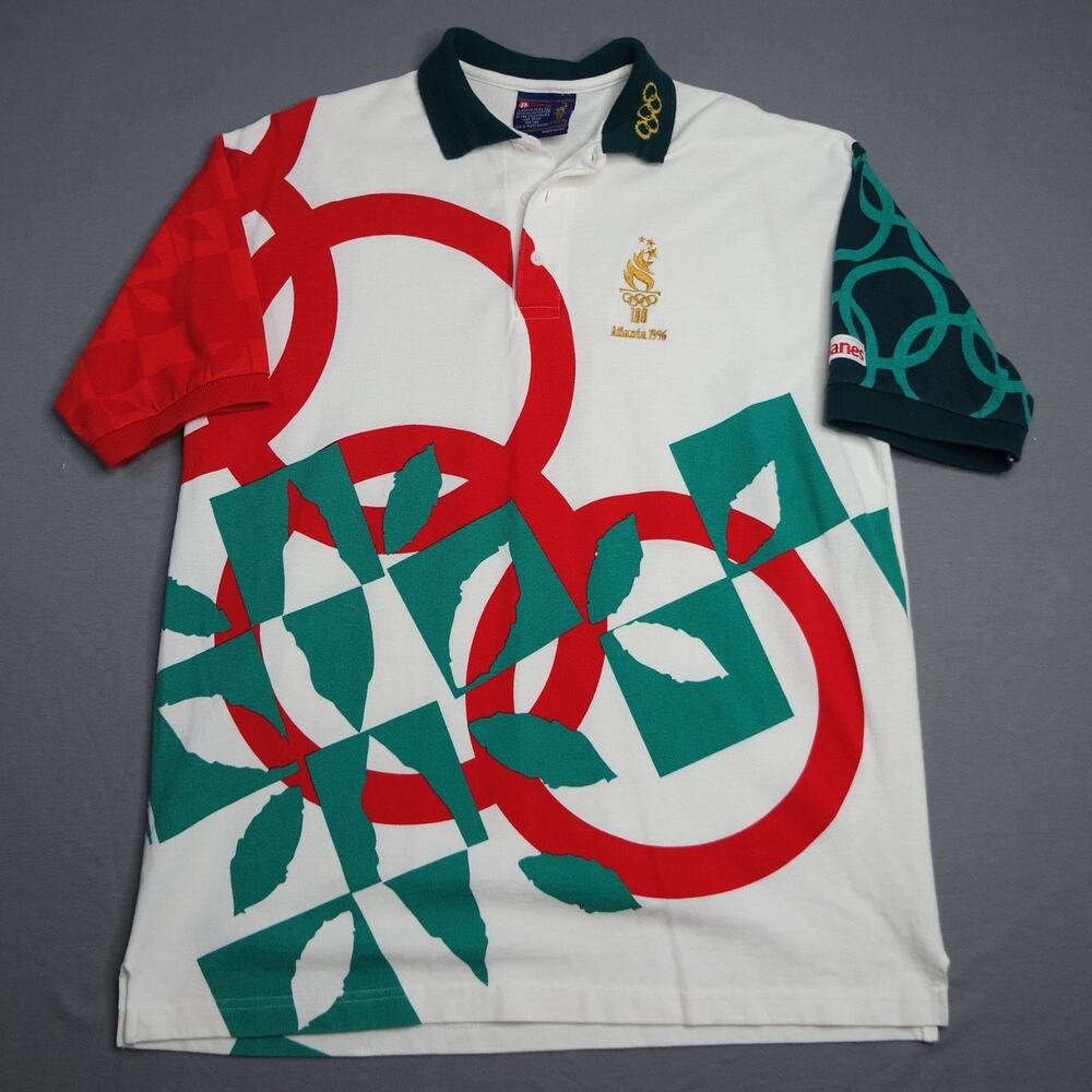 Vintage 1996 Atlanta Olympics Polo Shirt Large Hanes USA Made All Over Print